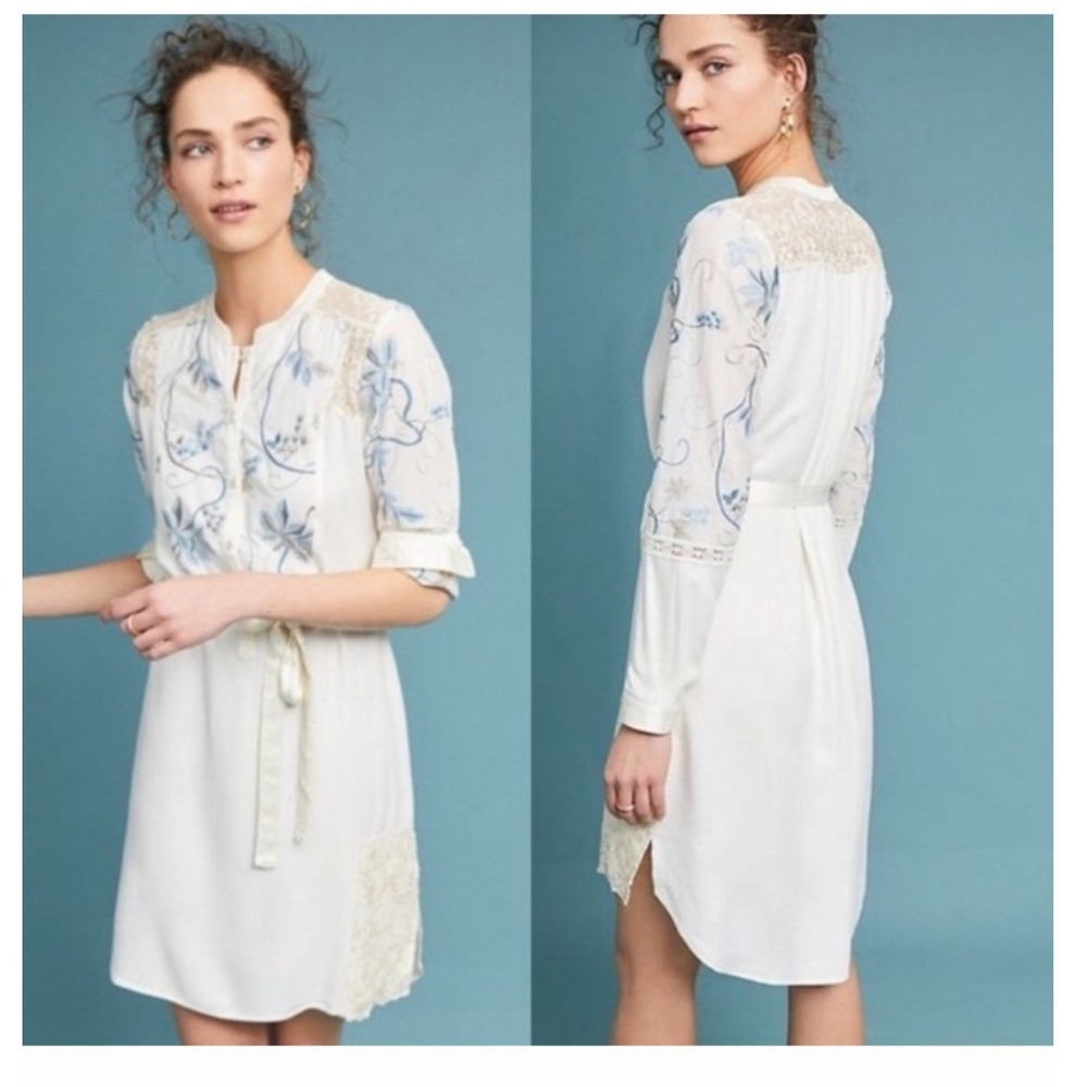 Anthropologie Tiny Embroidered Lace Tunic Dress Womens Small Ivory Blue Boho